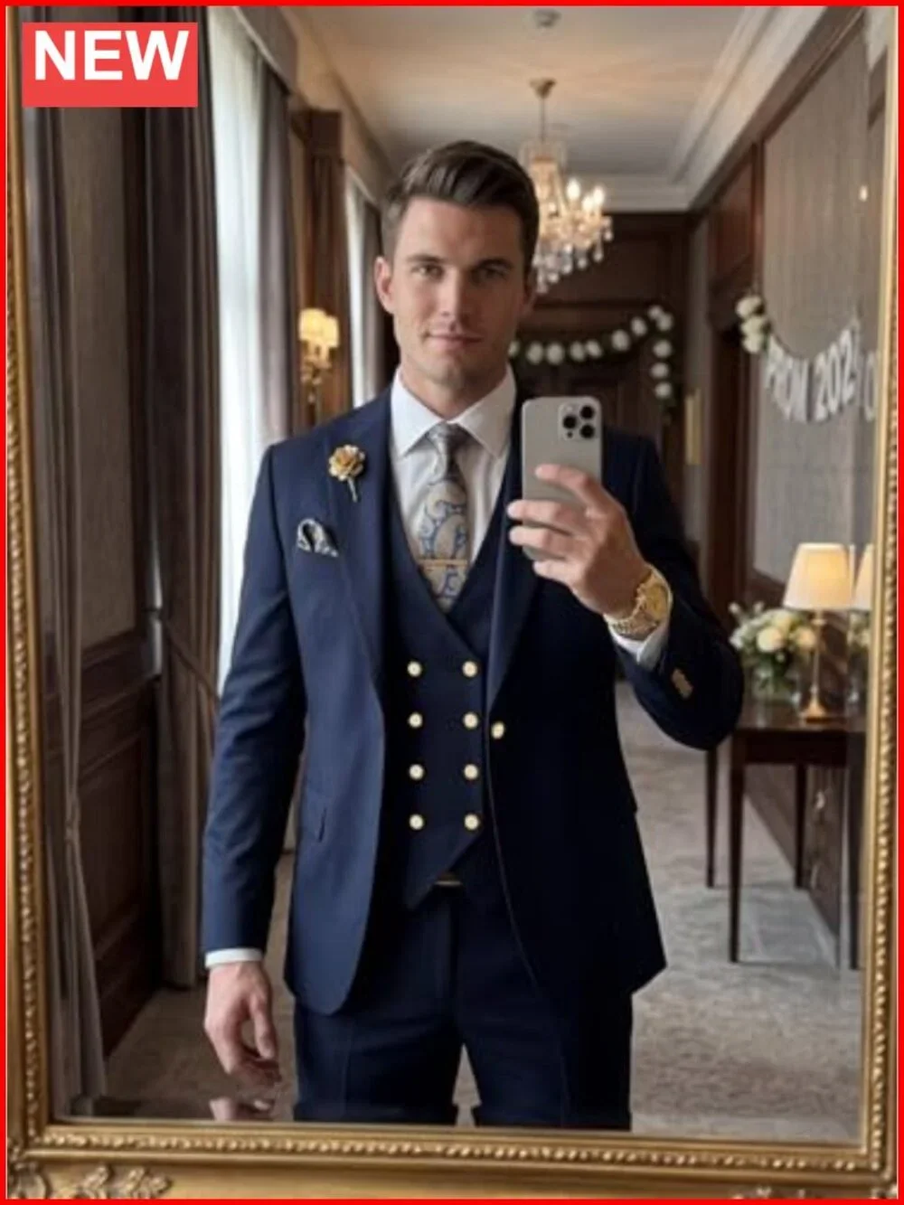 Men's 3 Piece Slim Fit Tuxedo Suit Set Blazer Vest Pants Gold Button